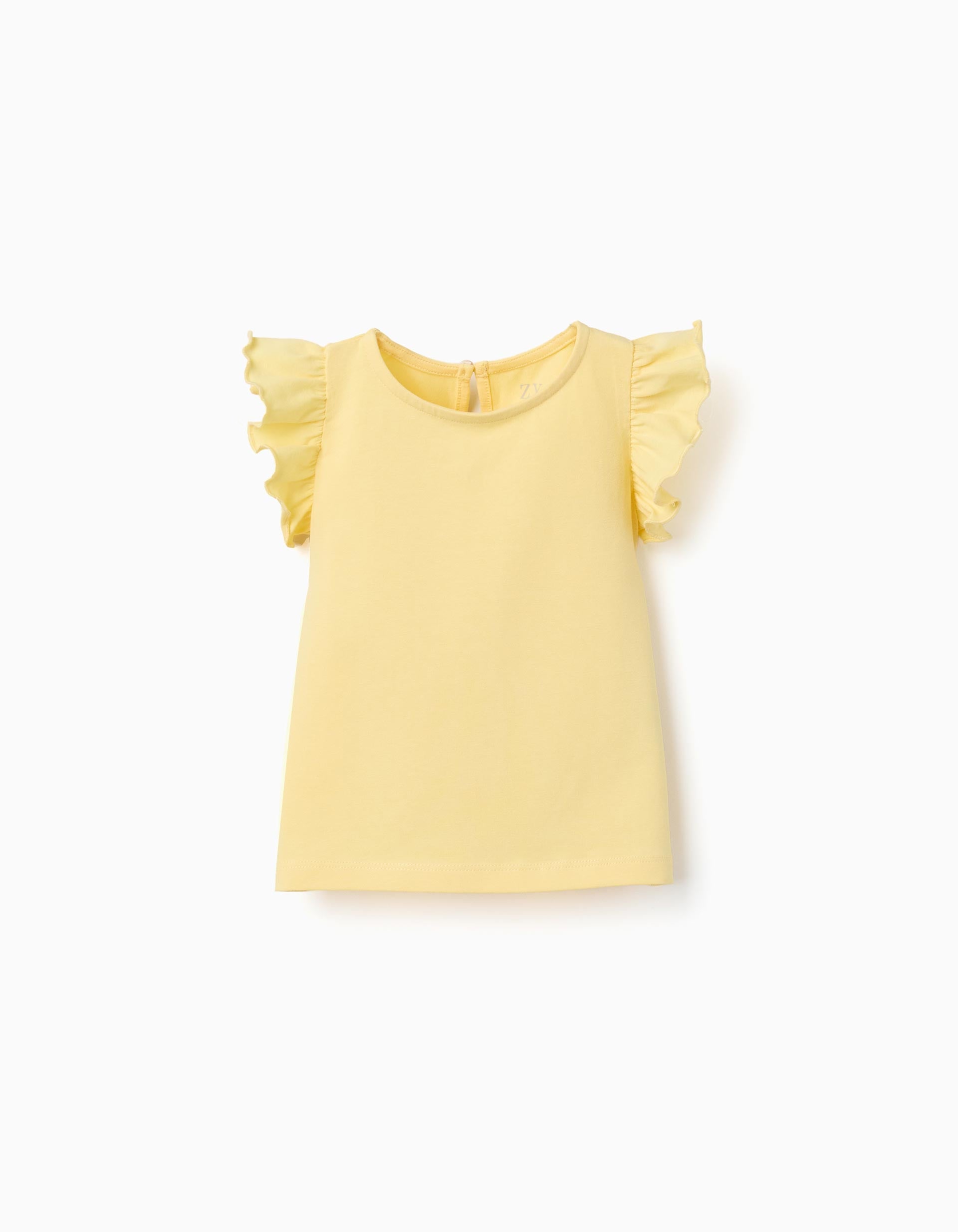 T-shirt with ruffled sleeves and round collar for baby girls, yellow