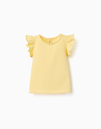 T-shirt with ruffled sleeves and round collar for baby girls, yellow