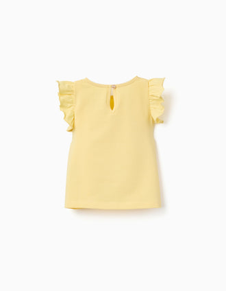 T-shirt with ruffled sleeves and round collar for baby girls, yellow