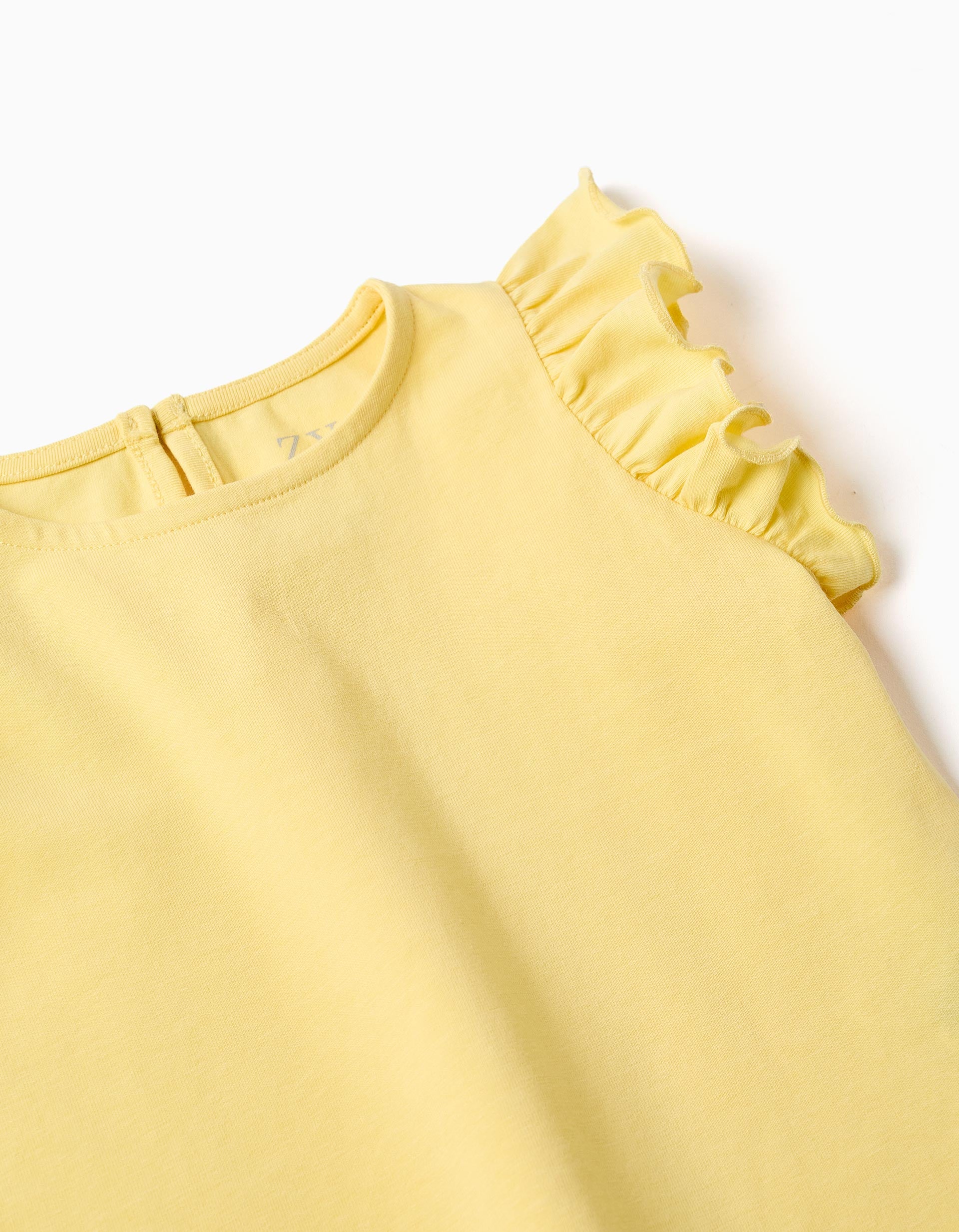 T-shirt with ruffled sleeves and round collar for baby girls, yellow