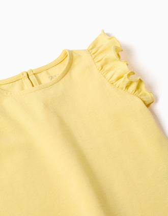 T-shirt with ruffled sleeves and round collar for baby girls, yellow