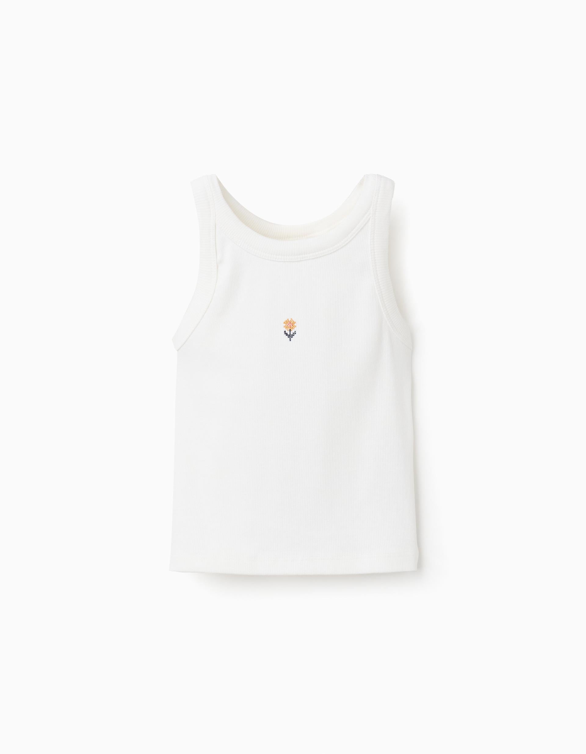 Ribbed tank top with embroidered flower for girls, white