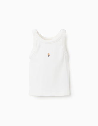 Top de alças canelado com flor bordada para menina, branco