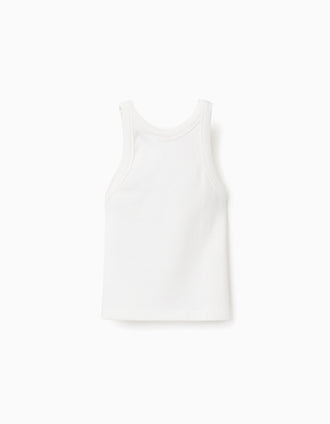 Top de alças canelado com flor bordada para menina, branco