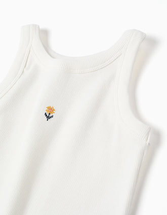 Top de alças canelado com flor bordada para menina, branco