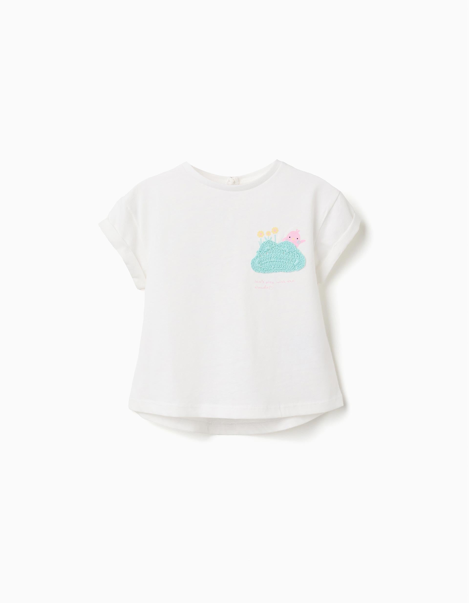 Cotton T-shirt with crochet chest print for baby girls, white