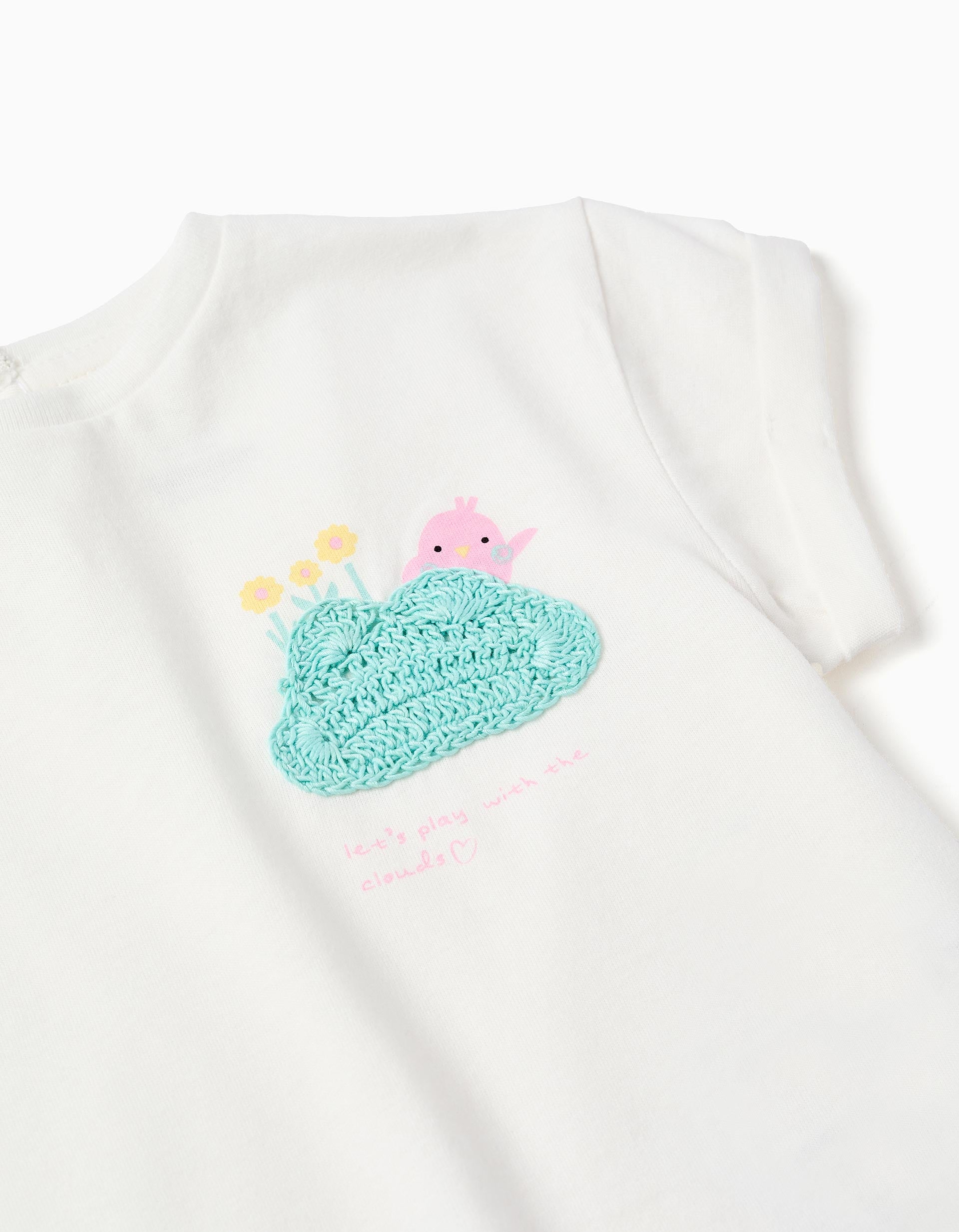 Cotton T-shirt with crochet chest print for baby girls, white