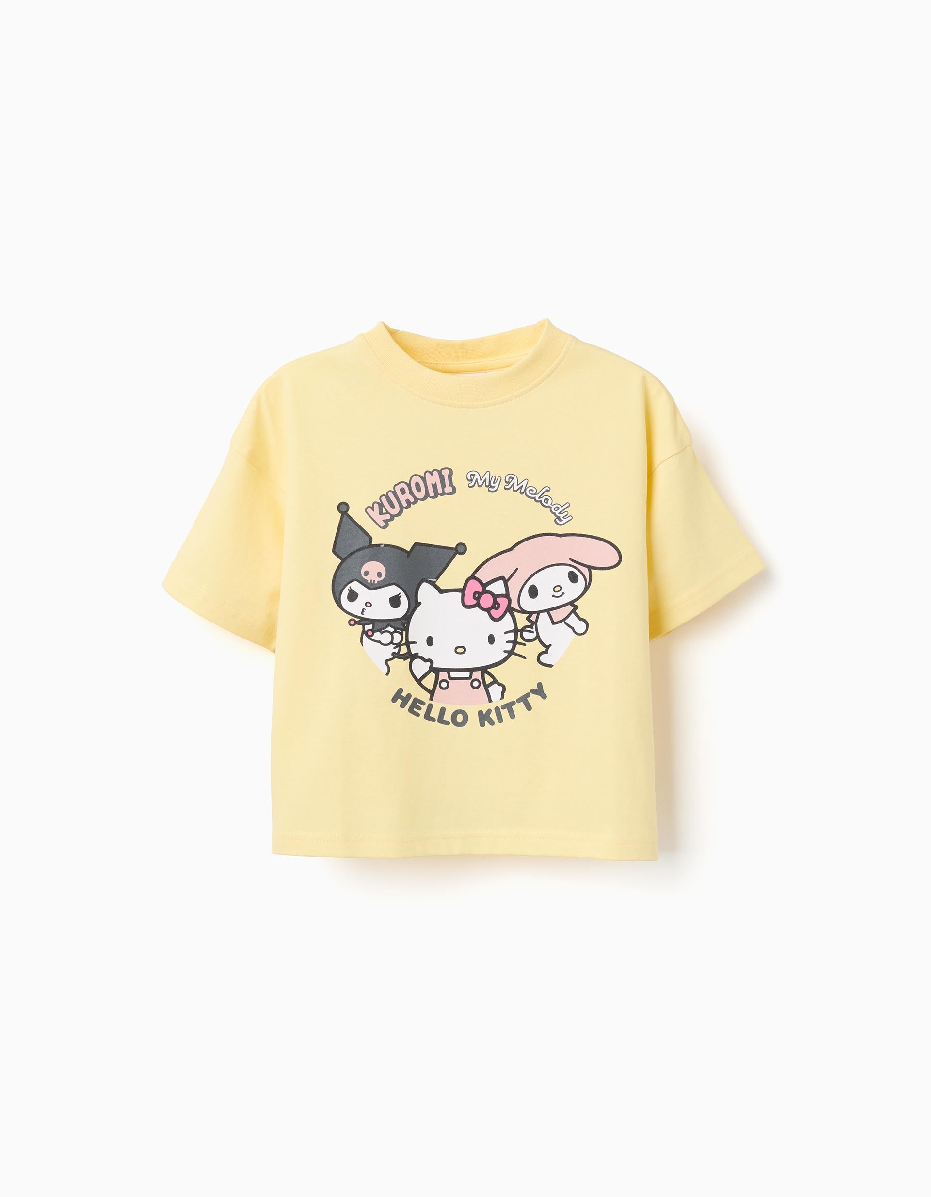 Cotton T-shirt with Kuromi and friends print for girls, yellow