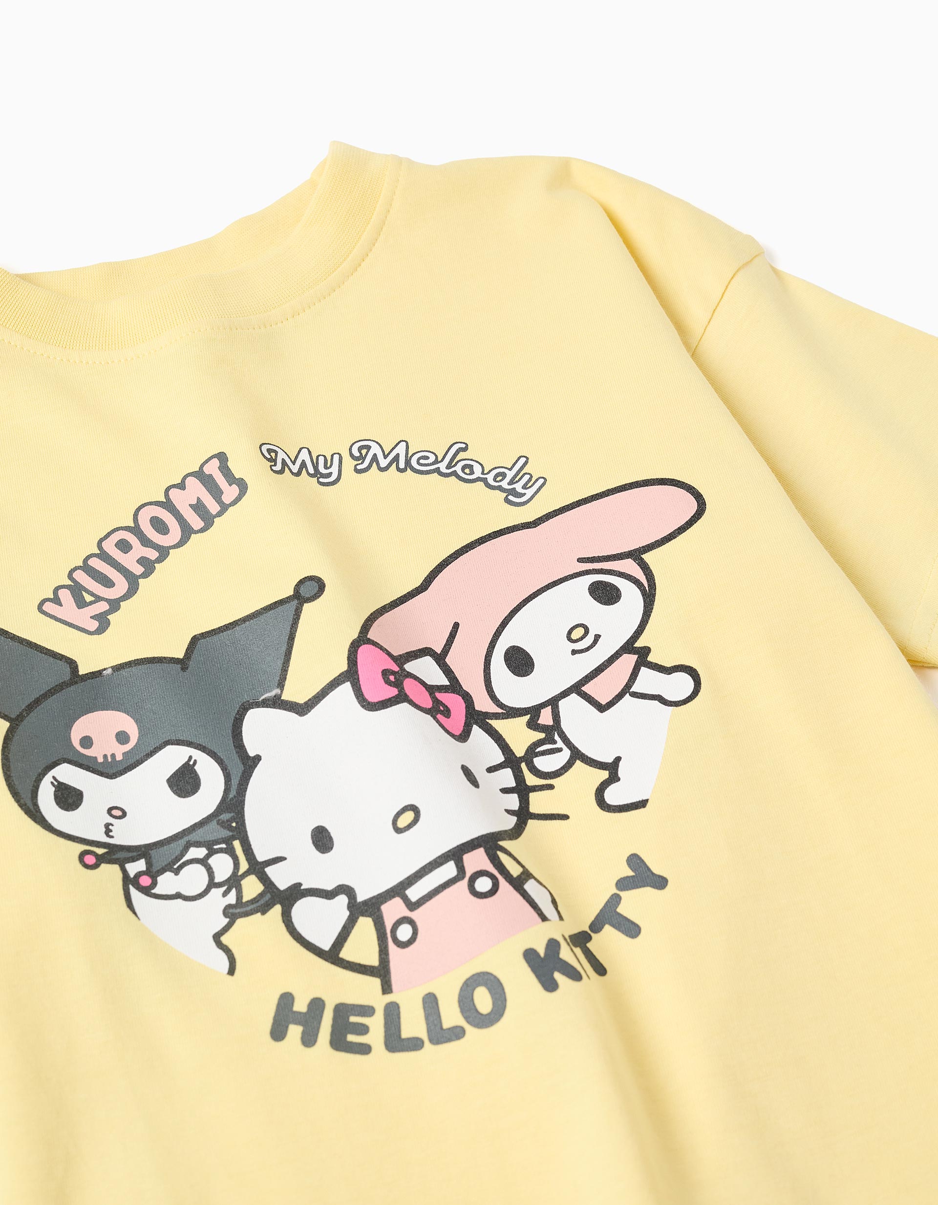 Cotton T-shirt with Kuromi and friends print for girls, yellow