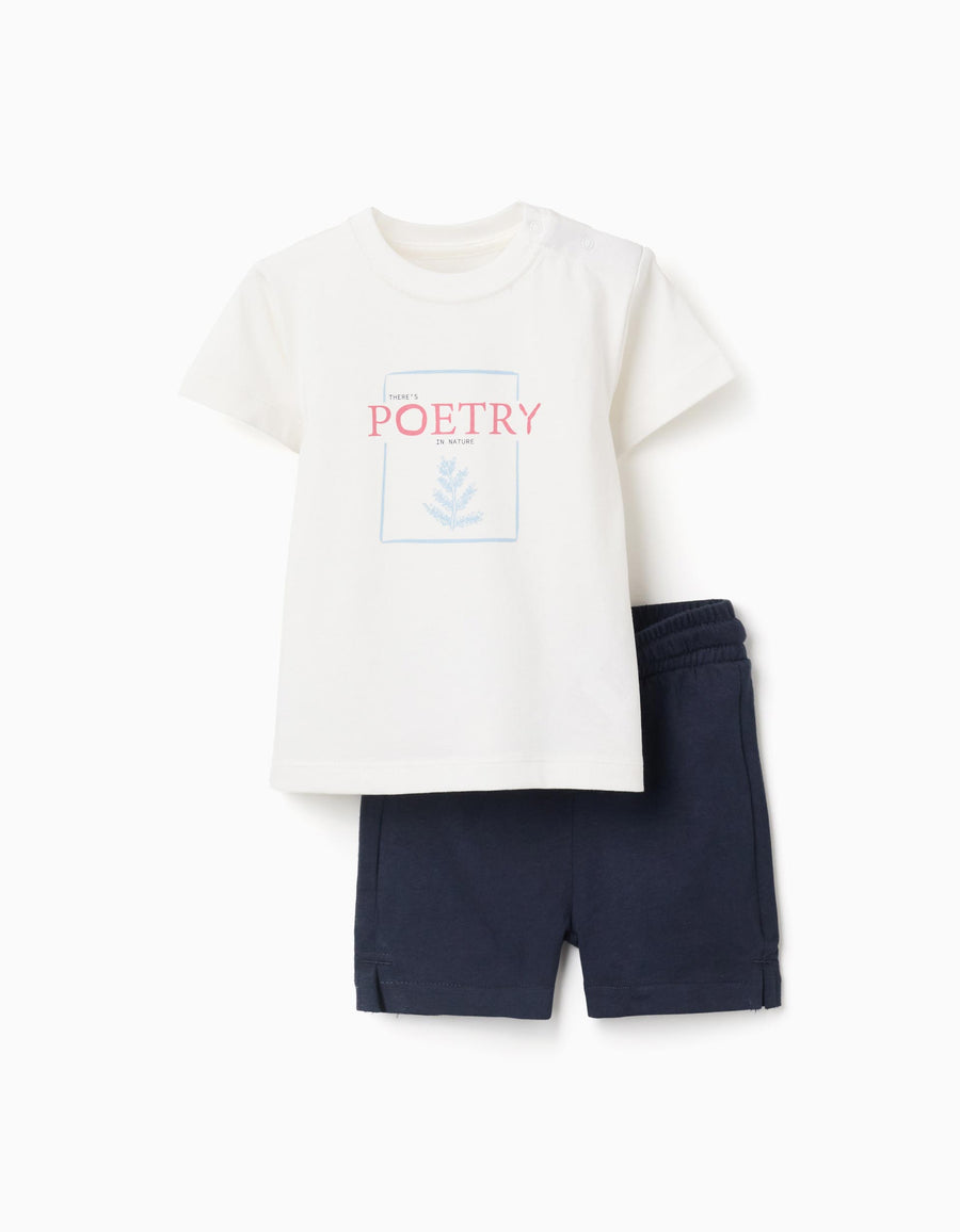 Cotton T-shirt with print + shorts for baby boys, white/dark blue