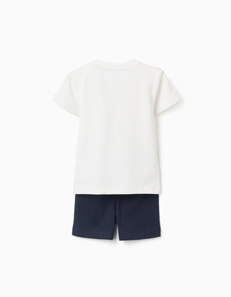 T-shirt en coton à imprimé + short pour bébé garçon, blanc/bleu foncé