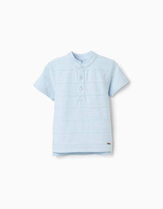 Cotton polo shirt with embossed lines for baby boys, light blue