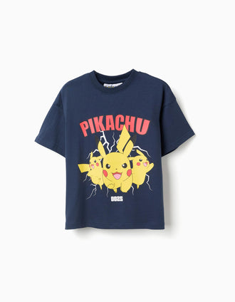 T-shirt de algodão com estampado frontal Pikachu para menino, azul-escuro