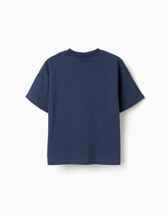 T-shirt de algodão com estampado frontal Pikachu para menino, azul-escuro