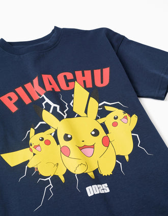 T-shirt de algodão com estampado frontal Pikachu para menino, azul-escuro