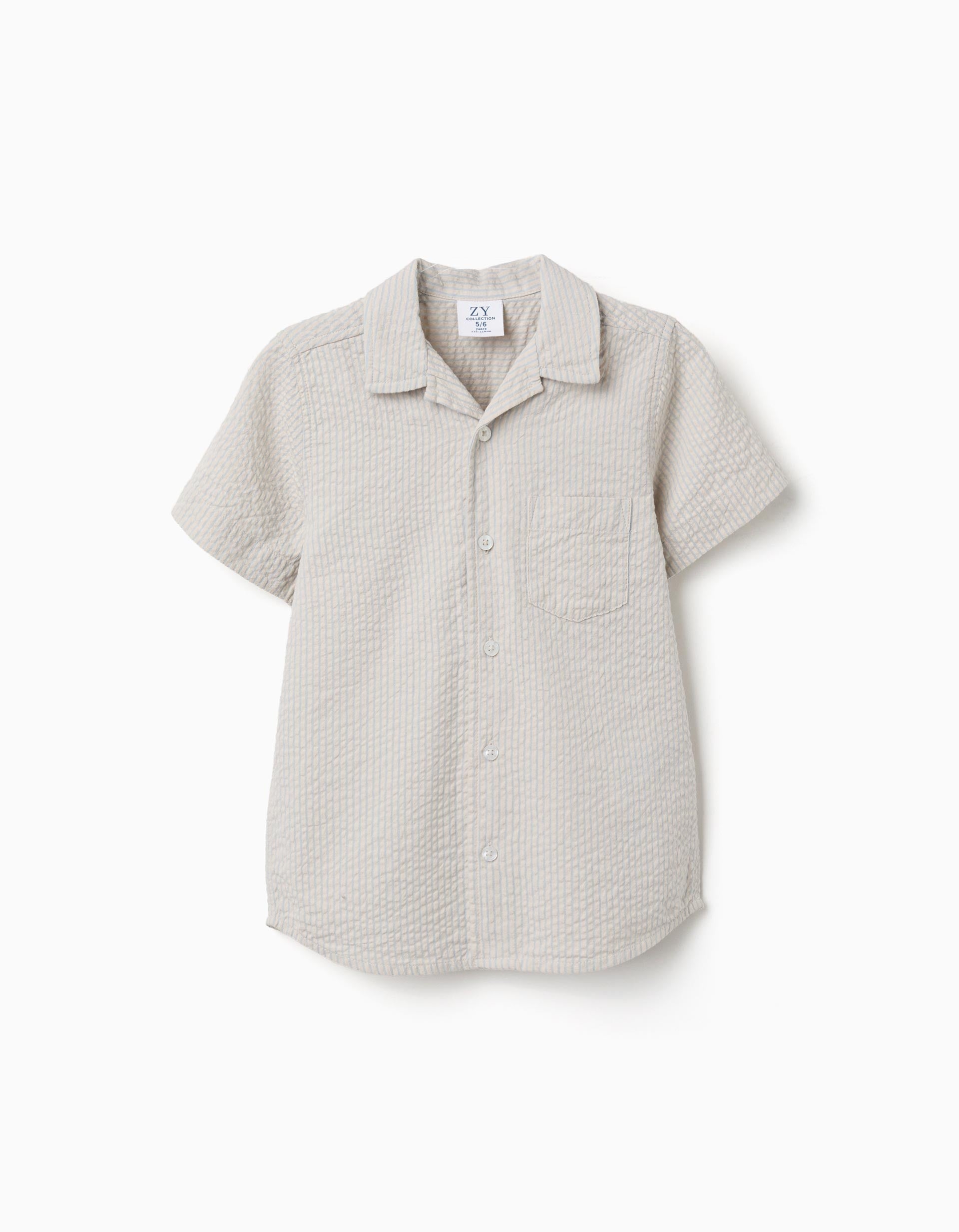 Short sleeve cotton shirt with stripes for boys, beige/blue