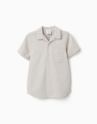 Short sleeve cotton shirt with stripes for boys, beige/blue