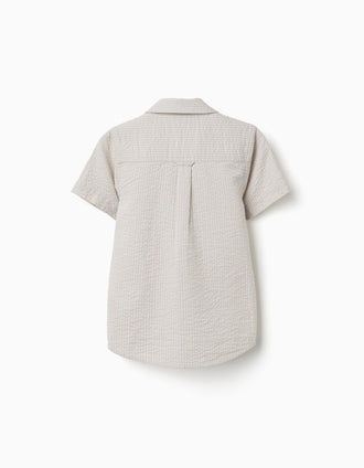 Short sleeve cotton shirt with stripes for boys, beige/blue