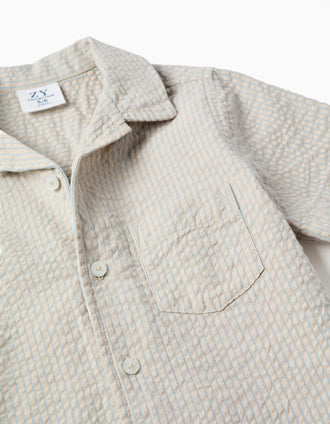 Short sleeve cotton shirt with stripes for boys, beige/blue