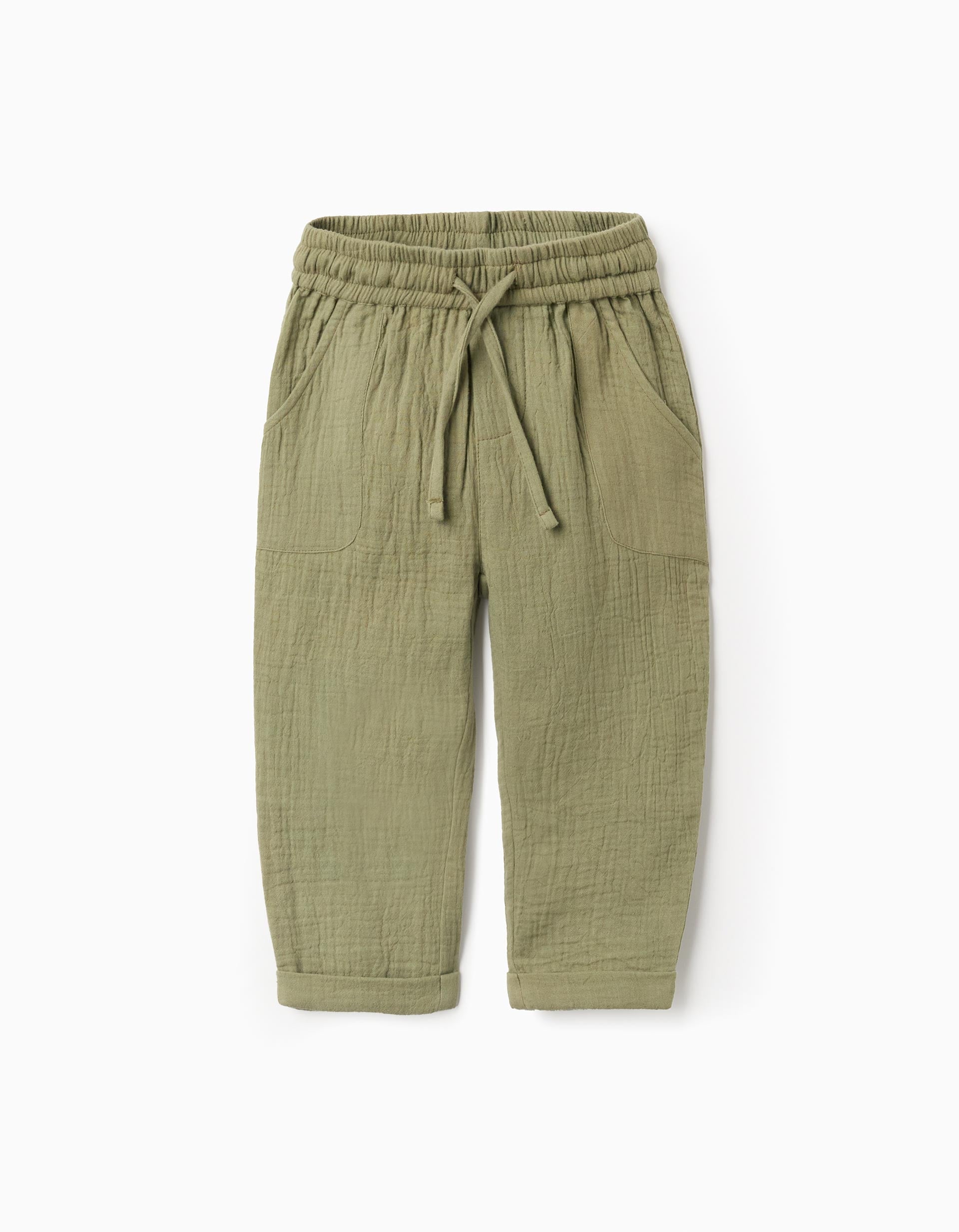 Calças baggy em bambula de algodão para bebé menino, verde-escuro