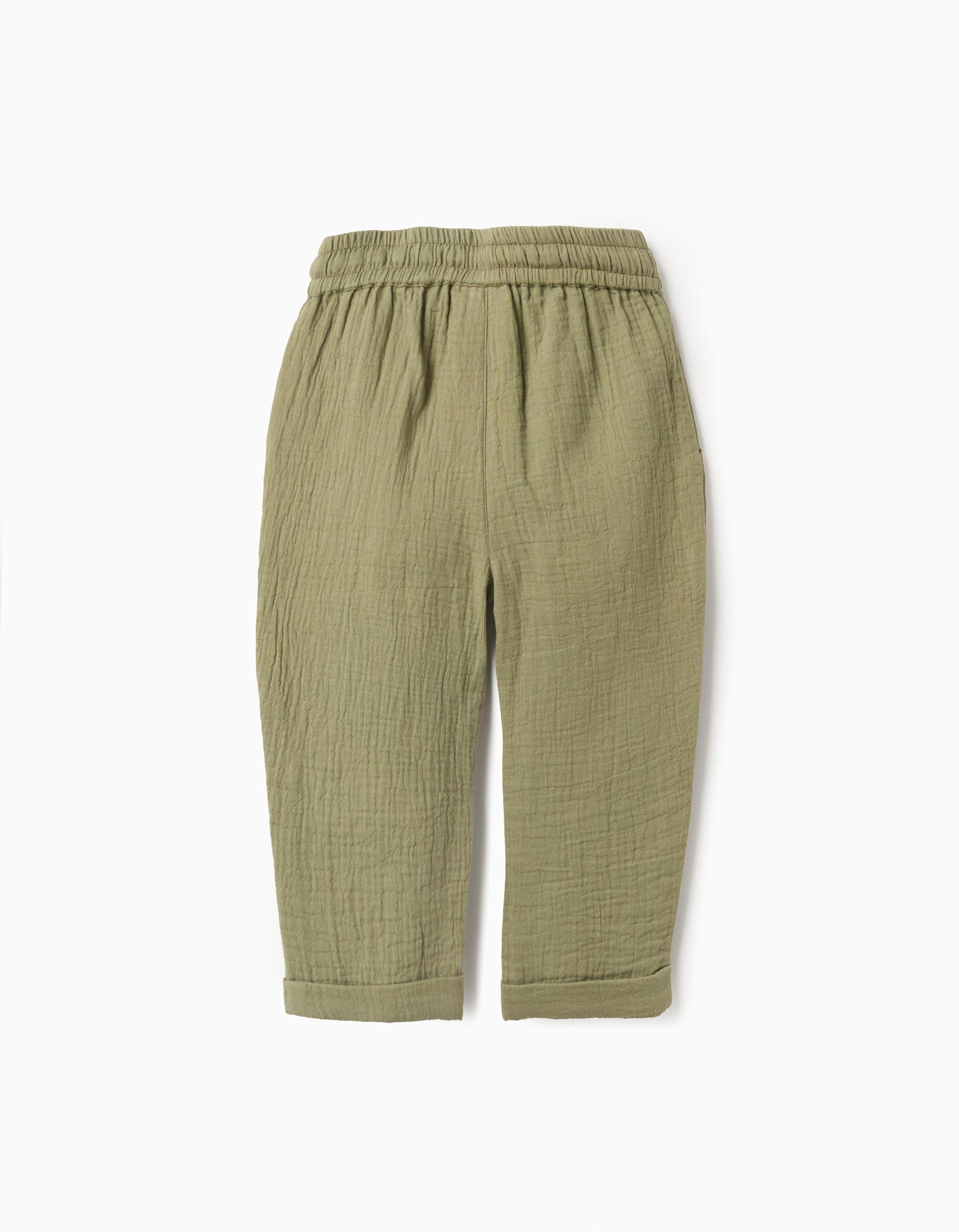 Calças baggy em bambula de algodão para bebé menino, verde-escuro