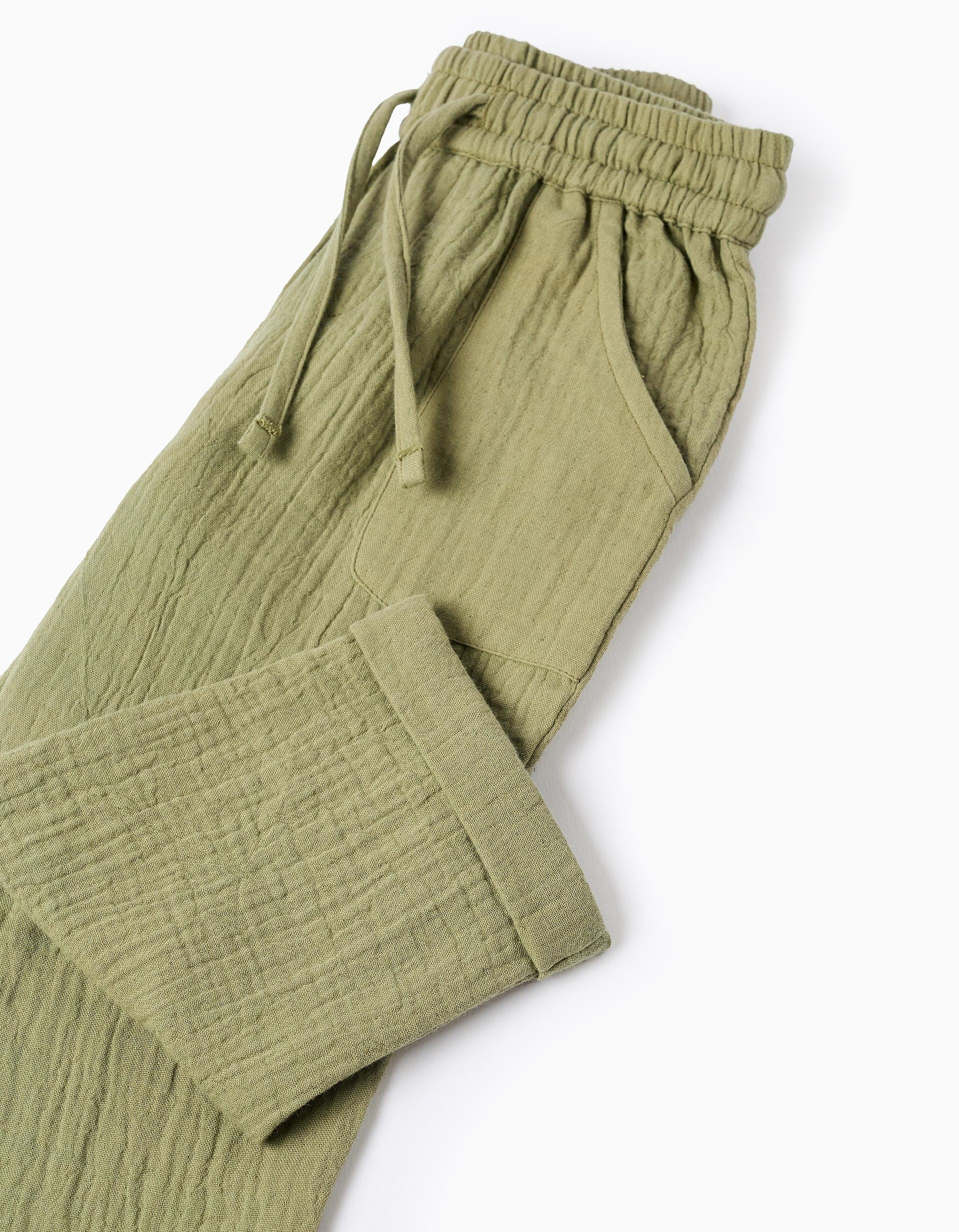 Calças baggy em bambula de algodão para bebé menino, verde-escuro