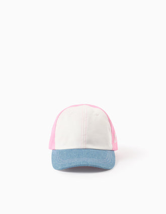 Gorra de algodón con bloque de color para bebé y niña, blanco/azul/rosa