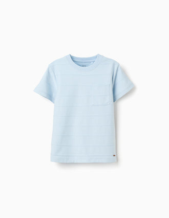 Cotton T-shirt with embossed lines and pocket for boys, light blue