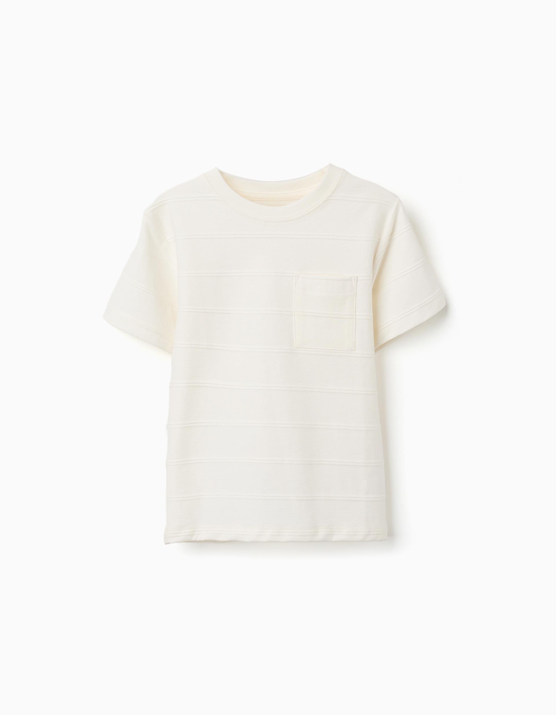 Cotton T-shirt with embossed lines and pocket for boys, white