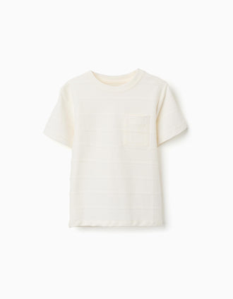 Cotton T-shirt with embossed lines and pocket for boys, white