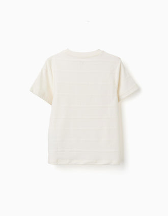 Cotton T-shirt with embossed lines and pocket for boys, white