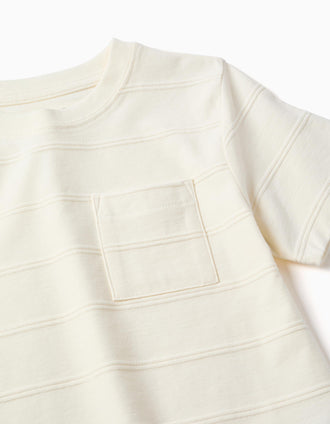 Cotton T-shirt with embossed lines and pocket for boys, white