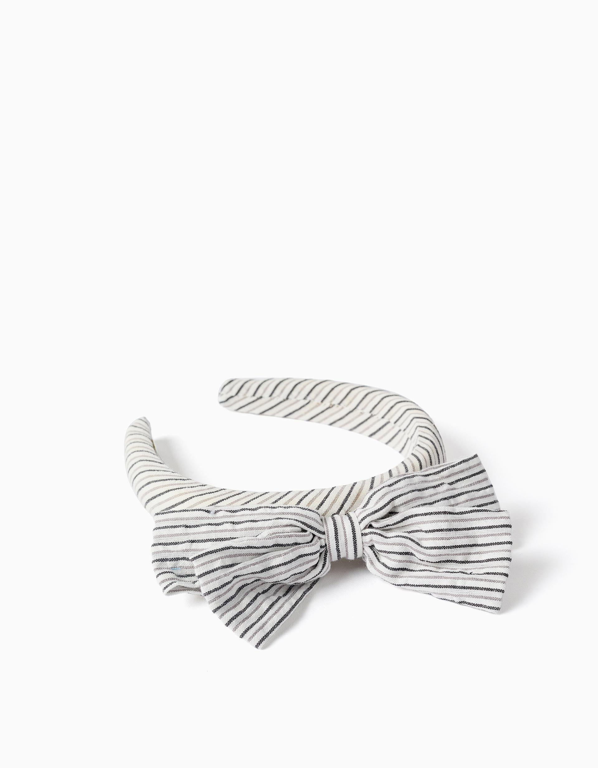 Bandolete acolchoada às riscas com laço B&S para menina, branco/cinza