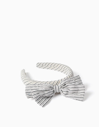 Bandolete acolchoada às riscas com laço B&S para menina, branco/cinza