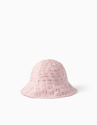 Chapéu de algodão com bordado inglês para bebé e menina, rosa-claro