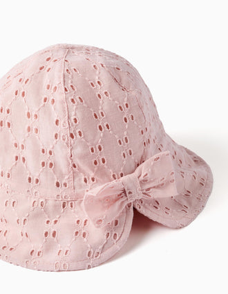 Chapéu de algodão com bordado inglês para bebé e menina, rosa-claro