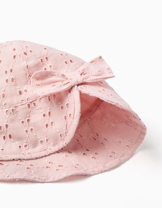 Chapéu de algodão com bordado inglês para bebé e menina, rosa-claro