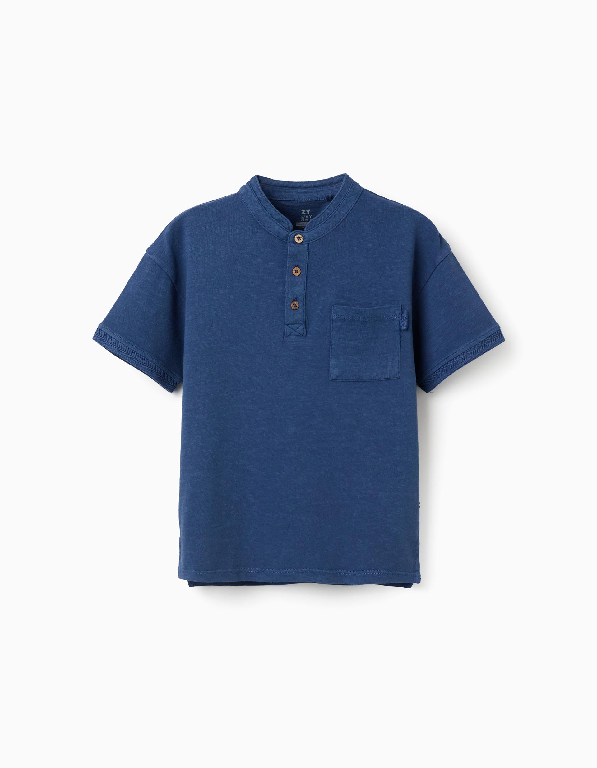 T-shirt de algodão com gola mao e bolso para menino, azul-escuro