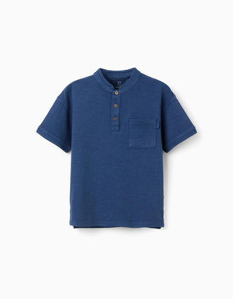 Cotton T-shirt with mao collar and pocket for boys, dark blue