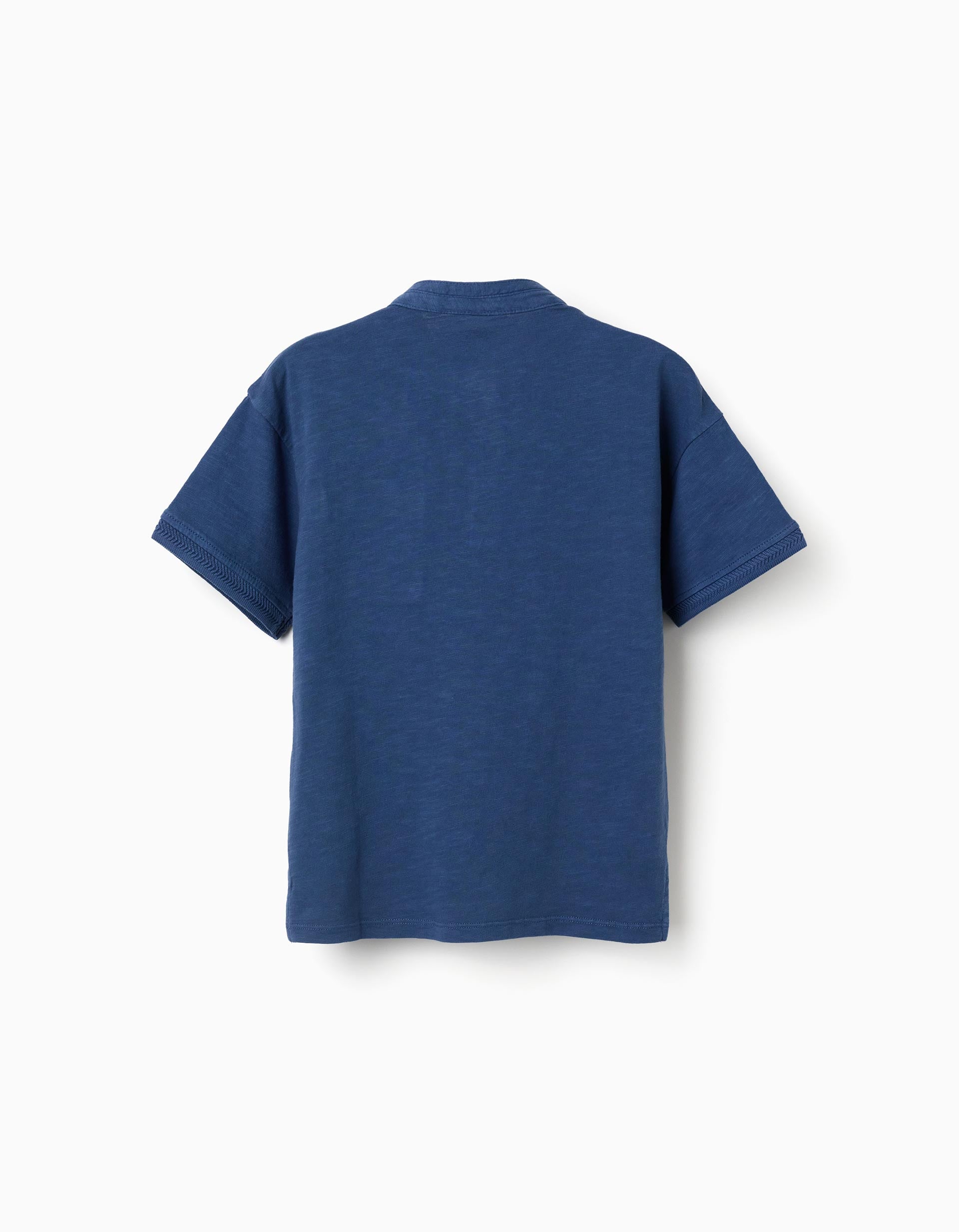T-shirt de algodão com gola mao e bolso para menino, azul-escuro