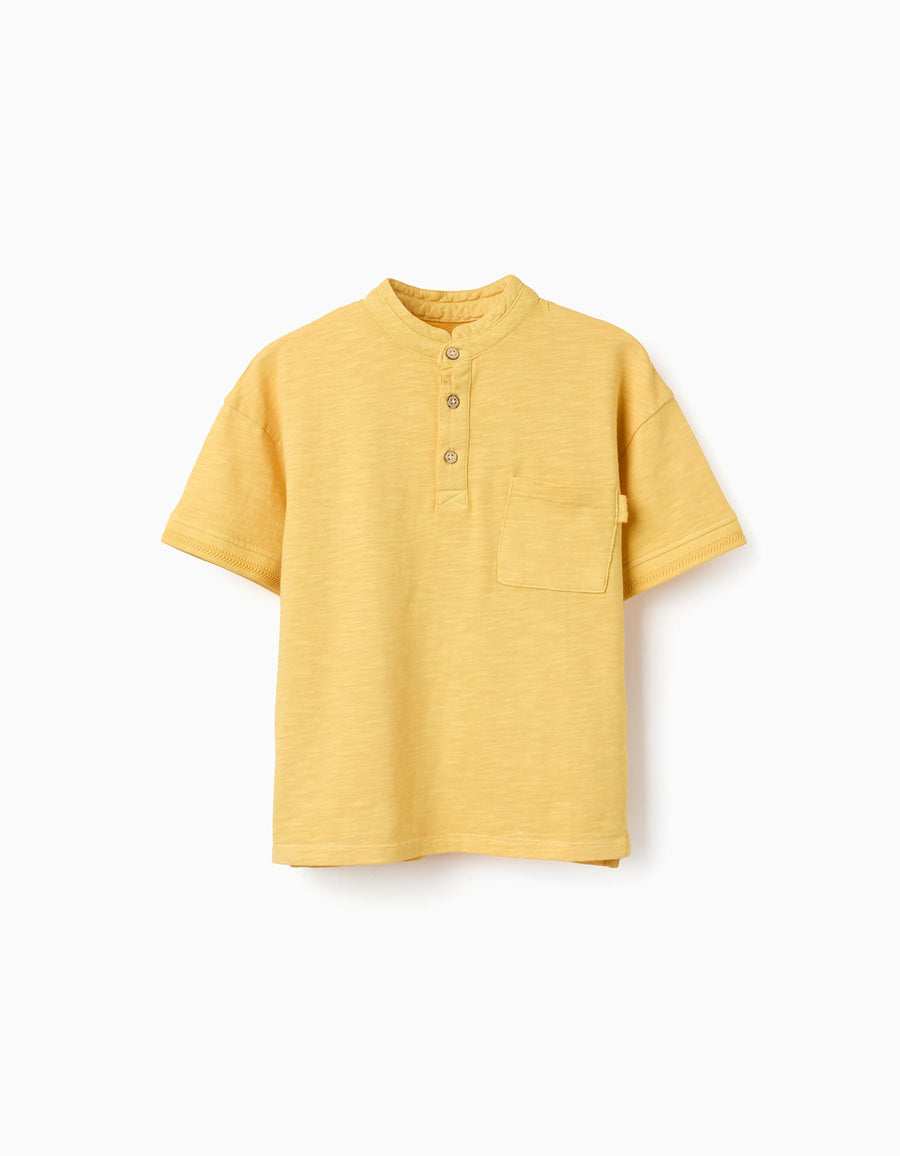 Cotton T-shirt with mao collar and pocket for boys, yellow