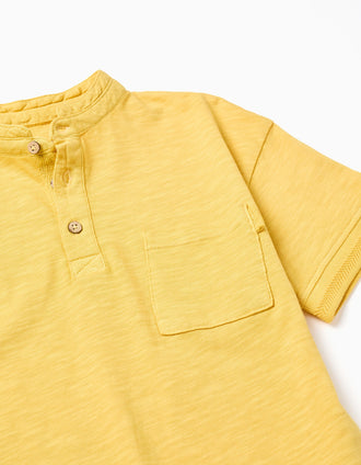 Cotton T-shirt with mao collar and pocket for boys, yellow