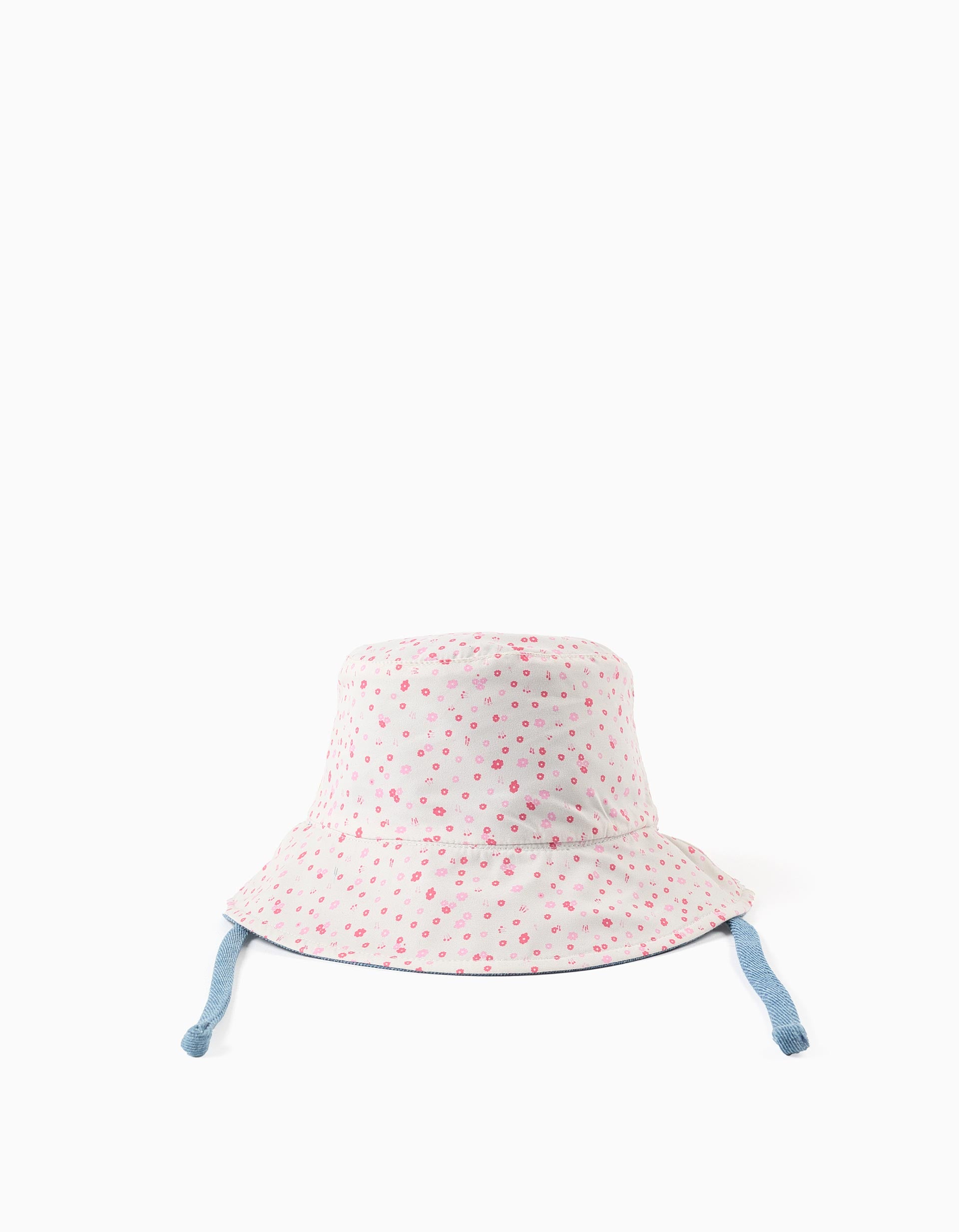Reversible cotton hat with floral motif for baby girls, blue/white