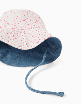 Chapéu reversível com motivo floral para bebé menina, azul/branco