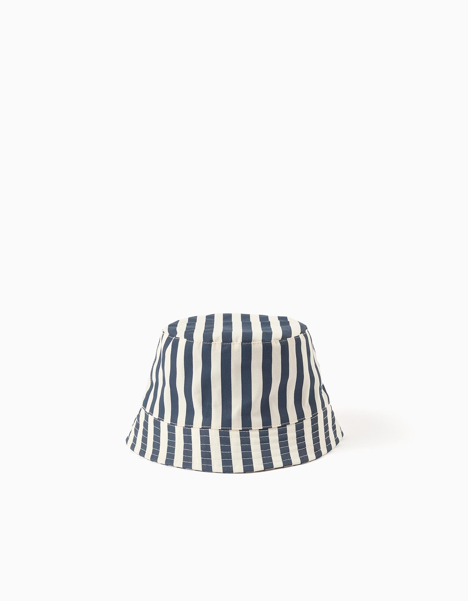 Striped bucket hat with linen for babies and boys, dark blue/white