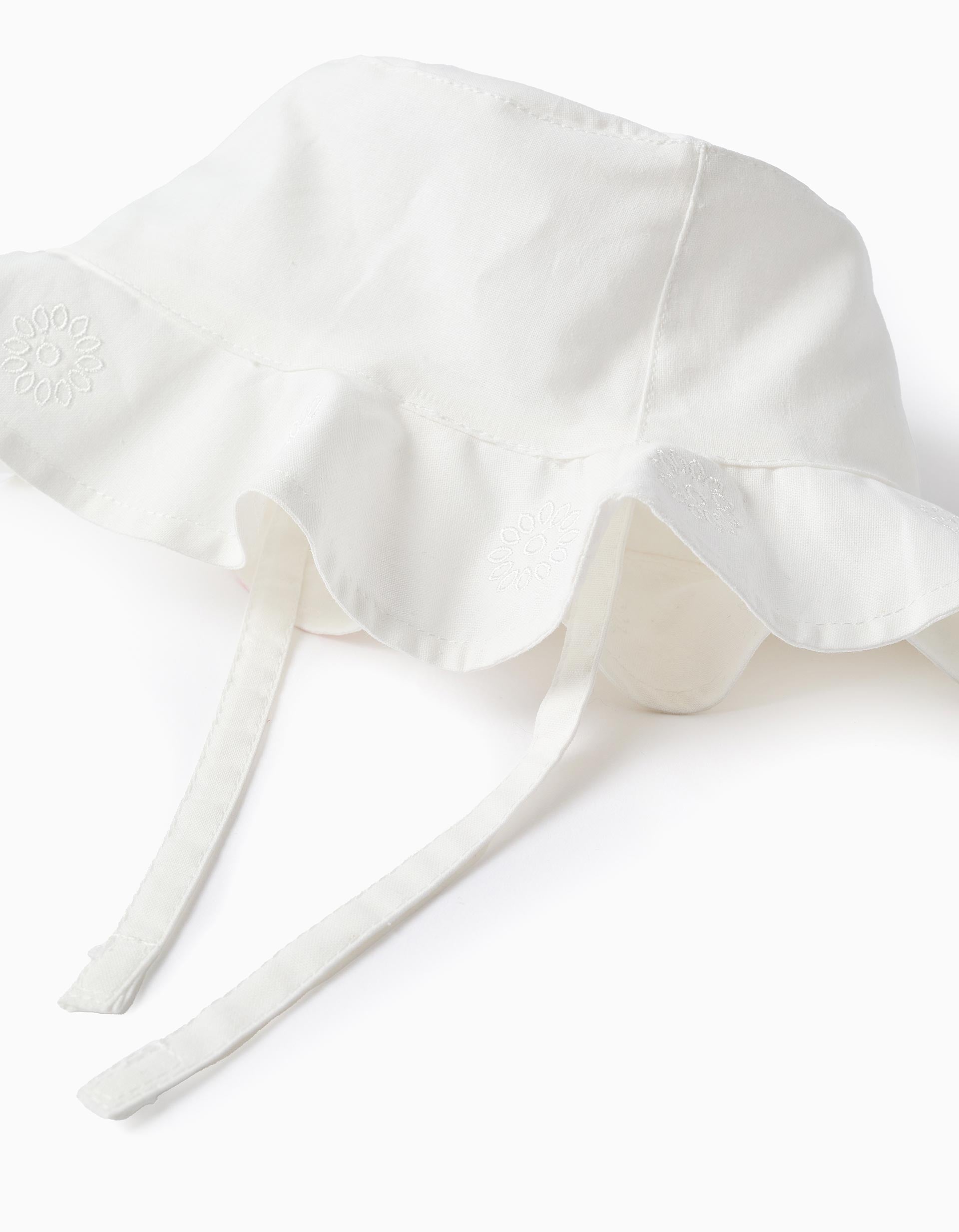 Cotton hat with embroidery and side straps for baby girls, white