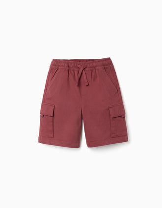 Bermudas largas cargo de sarga con cordón para niño, rojo oscuro