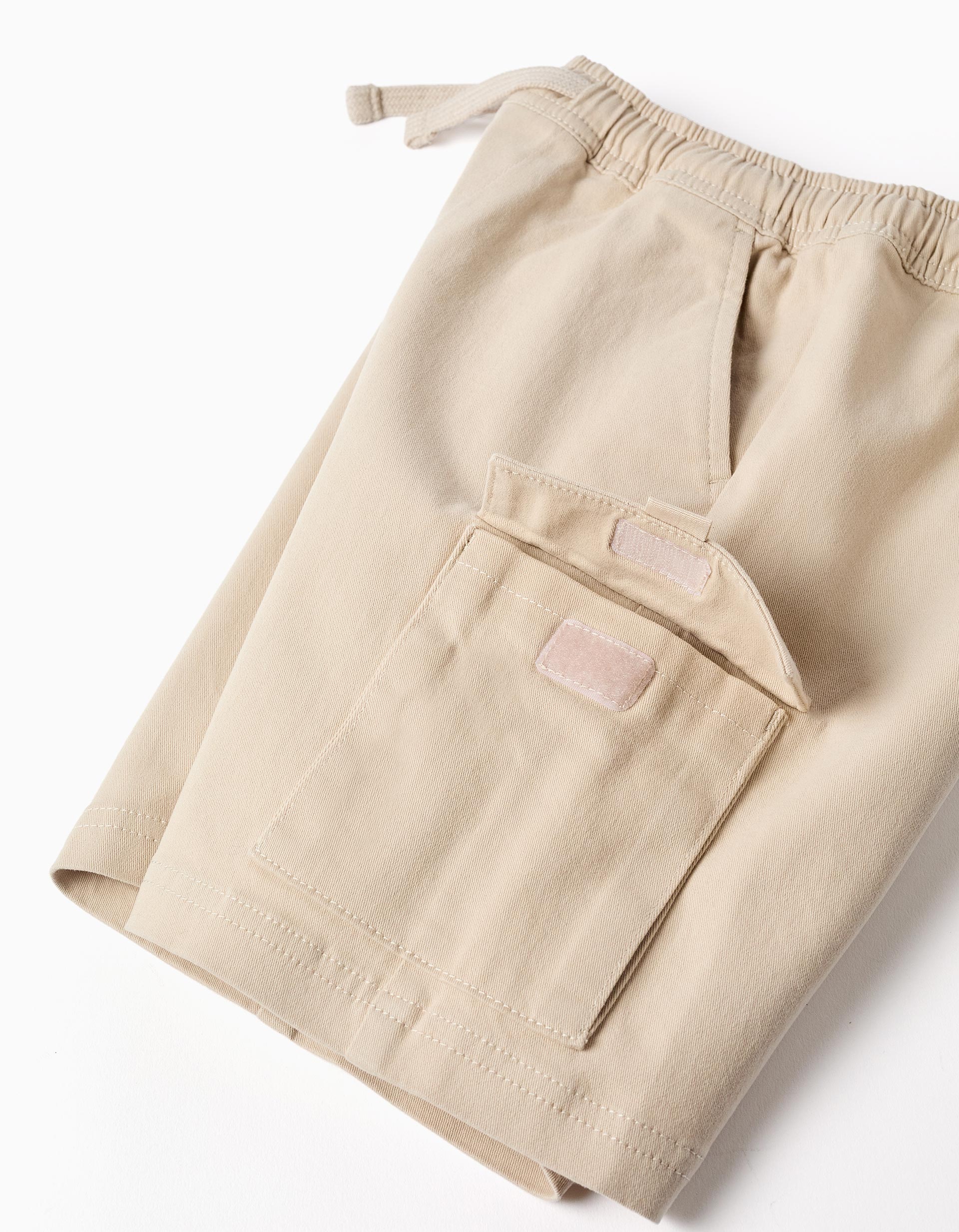 Calções compridos cargo de sarja com cordão para menino, bege-claro