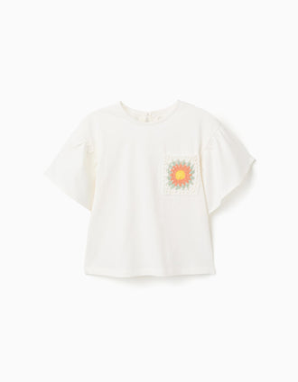 T-shirt en coton avec poche au crochet pour fille, blanc