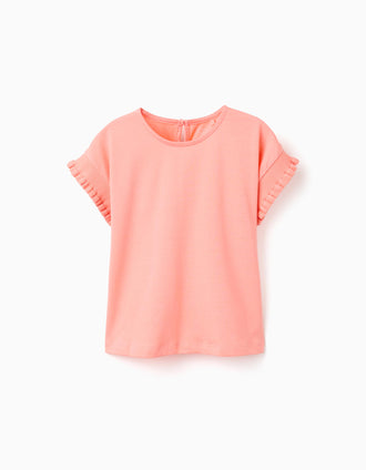 Cotton T-shirt with ruffled sleeves for girls, light coral